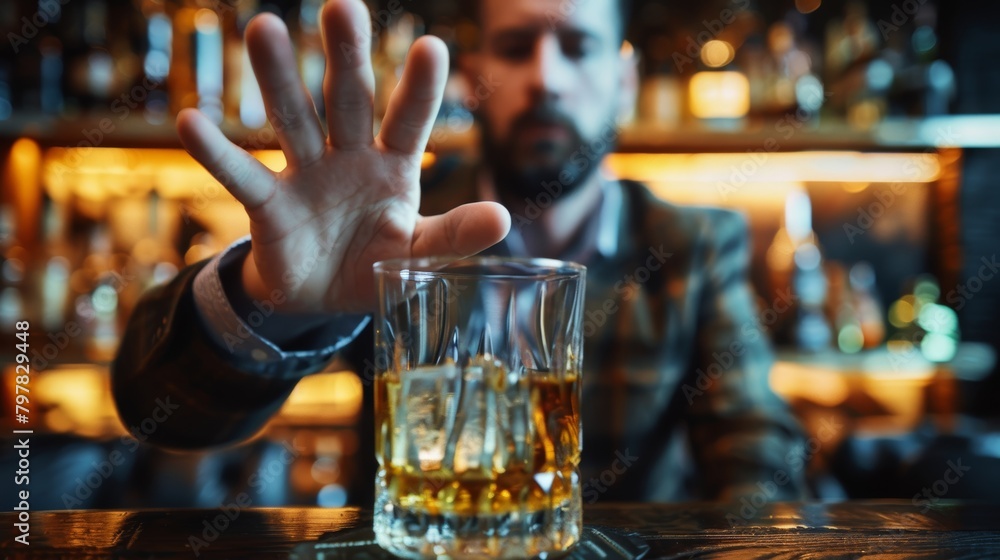 man refuses say no and avoid to drink an alcohol whiskey , stopping hand sign male, alcoholism treatment, alcohol addiction, quit booze, Stop Drinking Alcohol. Refuse Glass liquor, unhealthy, reject man refuses say no and avoid to drink an alcohol whiskey , stopping hand sign male, alcoholism treatment, alcohol addiction, quit booze, Stop Drinking Alcohol. Refuse Glass liquor, unhealthy, reject