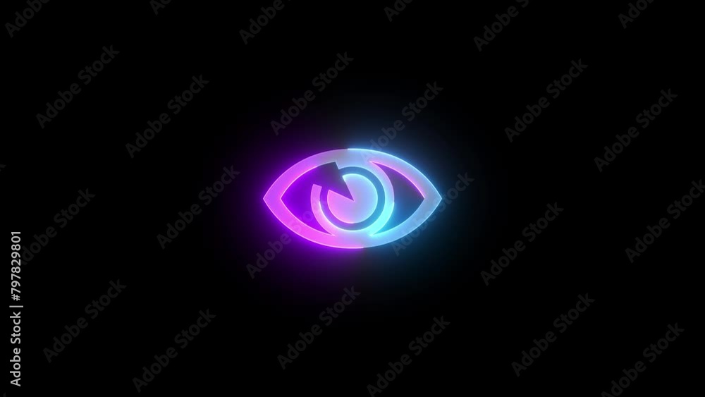 Neon human eye icon cyan purple color glowing animated black background Neon human eye icon cyan purple color glowing animated black background