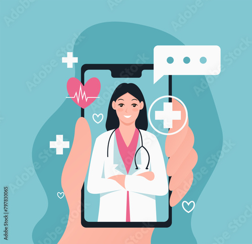 Online doctor concept. Phone screen with a picture of a female cardiologist. Online medical consultation.