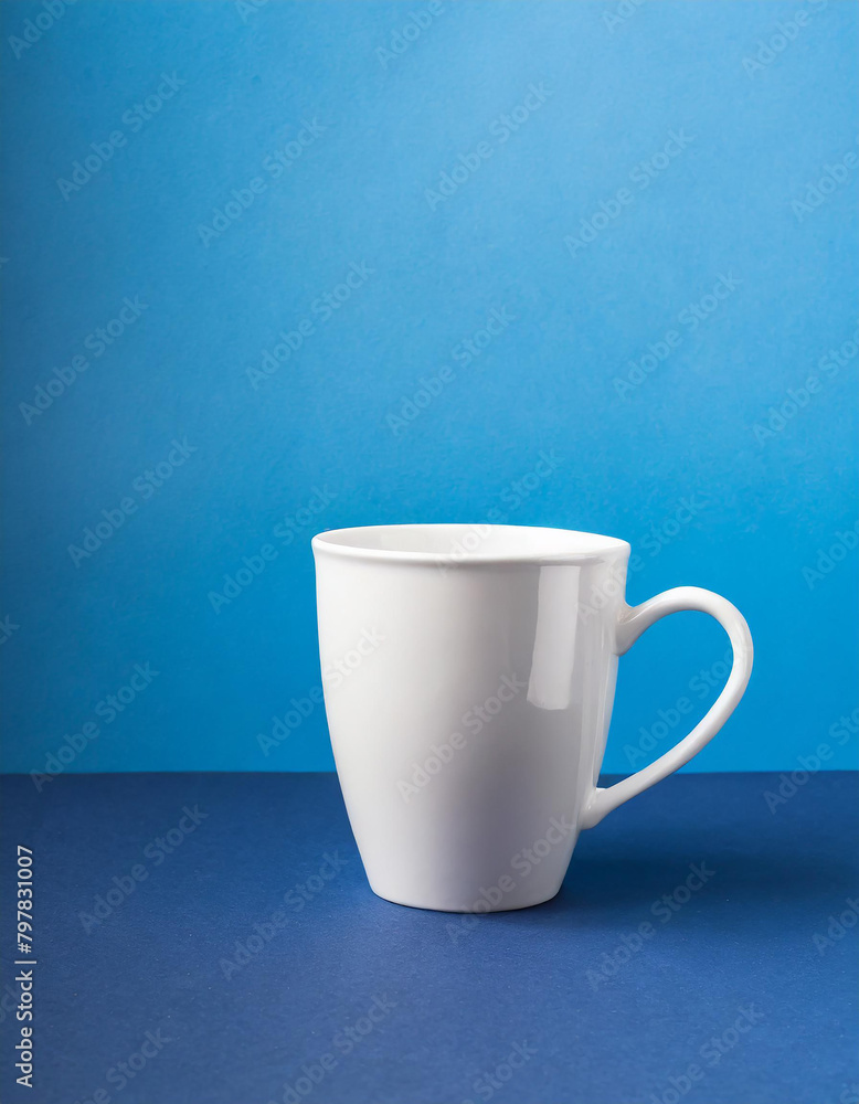 Close-up of ceramic white cup on isolated blue background. Tea or coffee mug. Drink ware. Mock up. Close-up of ceramic white cup on isolated blue background. Tea or coffee mug. Drink ware. Mock up.