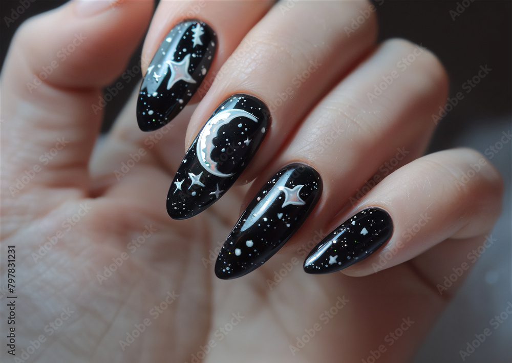 Black nail art with moon and stars Black nail art with moon and stars