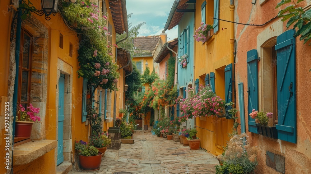 A quaint French village with colorful shutters and flower boxes.