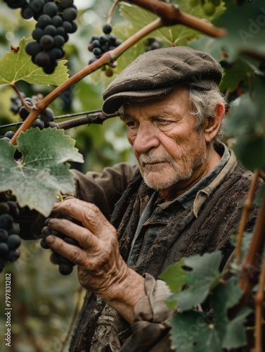 A French vineyard owner inspecting grapes on the vine.