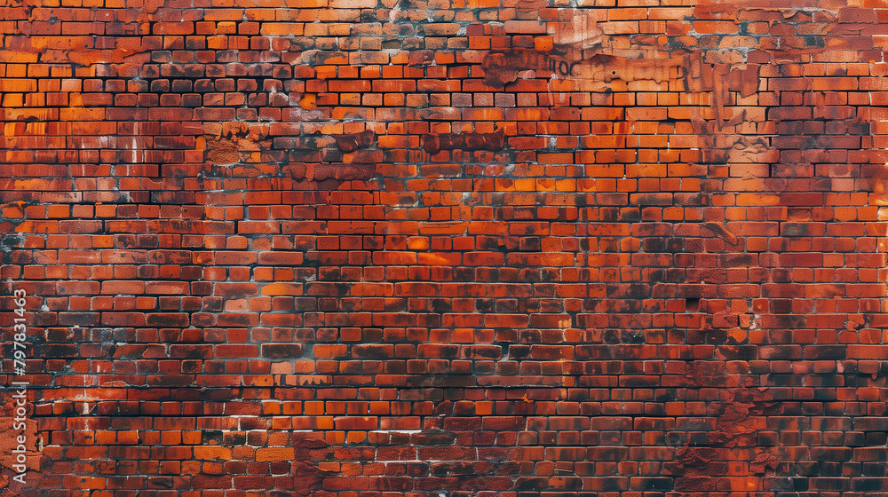 Obraz premium A brick wall with orange paint on it. The wall is covered in dirt and has a lot of cracks
