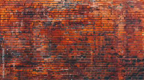 A brick wall with orange paint on it. The wall is covered in dirt and has a lot of cracks