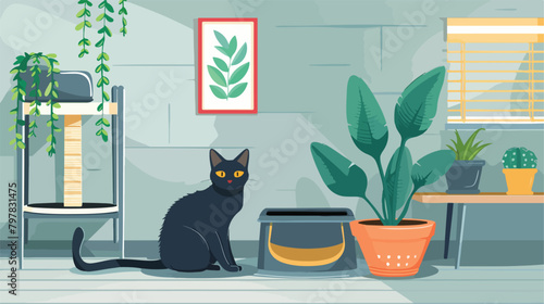 Litter box for cat and scratching post in interior photo
