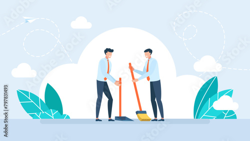 Two men janitor with broom and scoop sweeping and collecting garbage. Sweeping the floor with broom, holding dustpan, professional cleaning. Street cleaning service. Vector illustration
