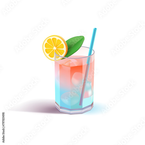 Summer refreshing drink, ice cocktail in a glass, 3D. Alcoholic realistic drink with tangerine and straw for leisure design concepts, and restaurant business. Vector