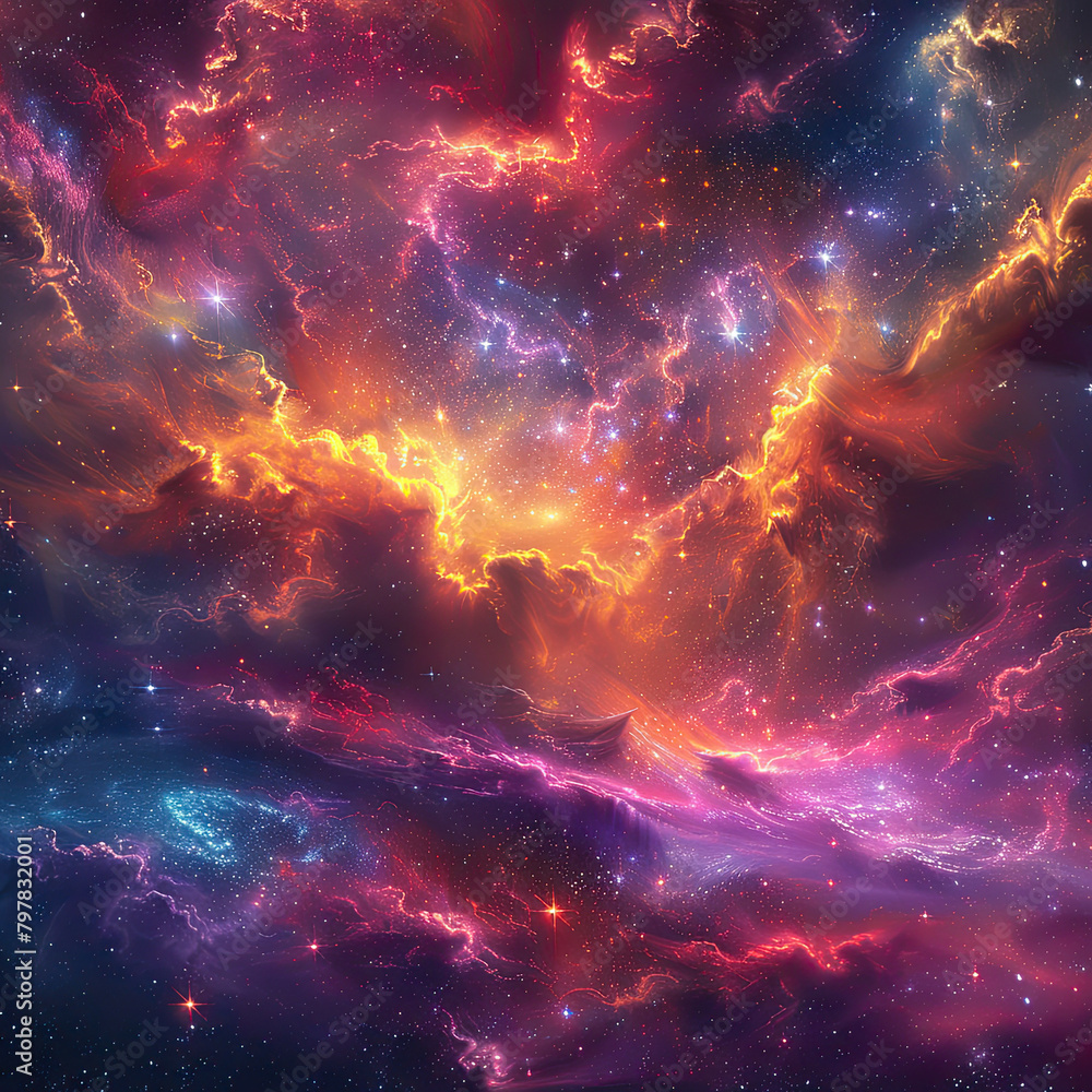 Naklejka premium Stellar Kaleidoscope A Cosmic Symphony of Vivid Nebular Hues 