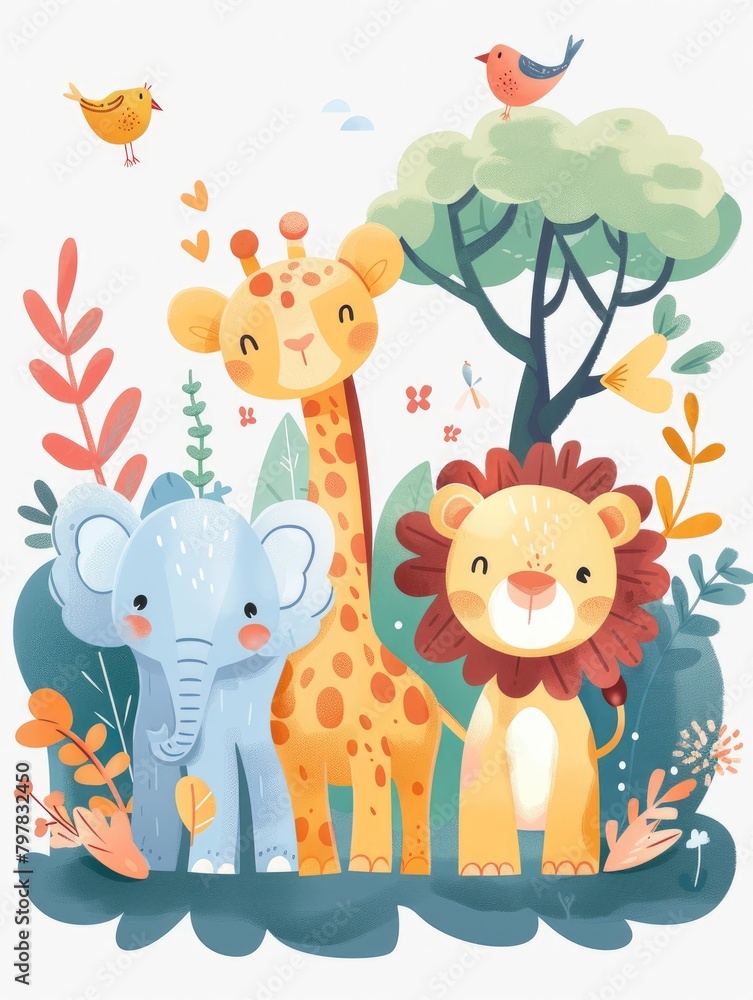 Fototapeta premium Illustration, various animals in the forest