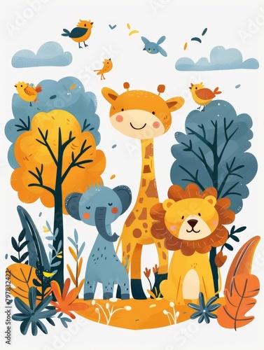 Illustration, various animals in the forest