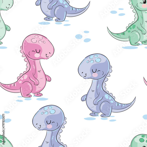 ?ute little Dinosaur seamless pattern hand drawn summer print for kids fabric Vector Illustration