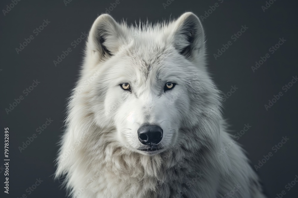 White Wolf portrait. A beautiful white wolf posing for the camera. Wild Life photography of a white wolf. White Wolf portrait. A beautiful white wolf posing for the camera. Wild Life photography of a white wolf.