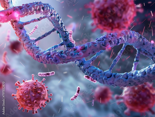 DNA strand and Cancer Cell Oncology Research Concept 3D