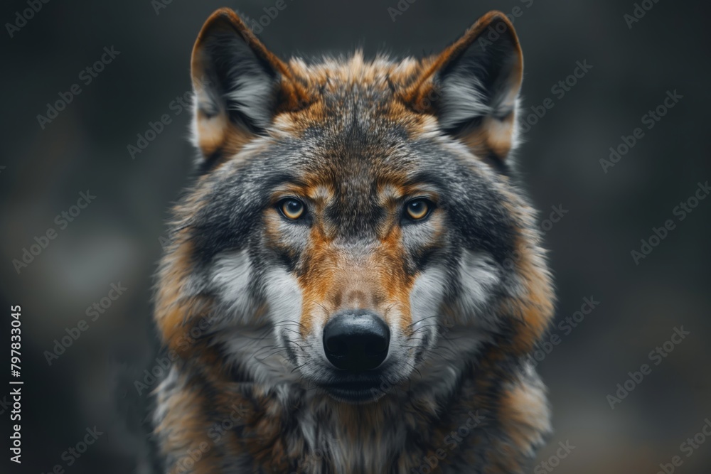 Fototapeta premium Wolf portrait. A beautiful wolf posing for the camera. Wild Life photography of a wolf.