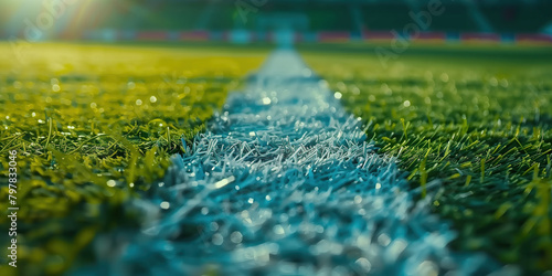 Detailed view of a grass field with a prominent blue line running through it, resembling a soccer field.