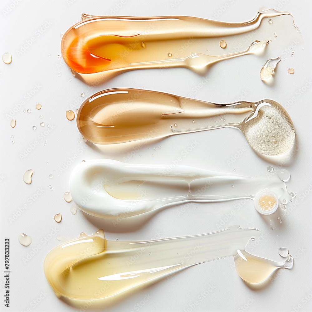 Above view beauty photo of skincare serum liquid sprear smudge isolated on white background anti ageing skin beauty product campaign ad close-up brown clear drops vitamin a c peptides collagen retinal Above view beauty photo of skincare serum liquid sprear smudge isolated on white background anti ageing skin beauty product campaign ad close-up brown clear drops vitamin a c peptides collagen retinal