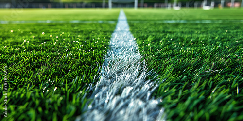A grass field with a white line, likely used for soccer matches, setting the boundaries for the game.