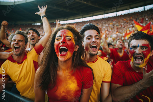Crowd from Spain celebrating victory in a stadium, with faces painted red and yellow in support of the team. © Nedrofly