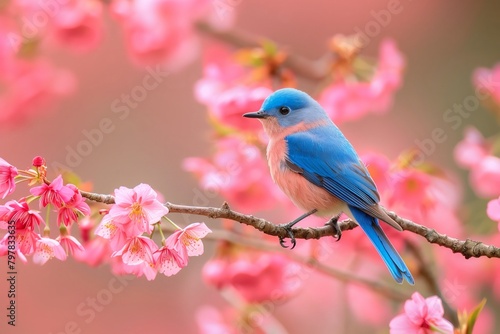Bluebird perched on cherry blossom branch