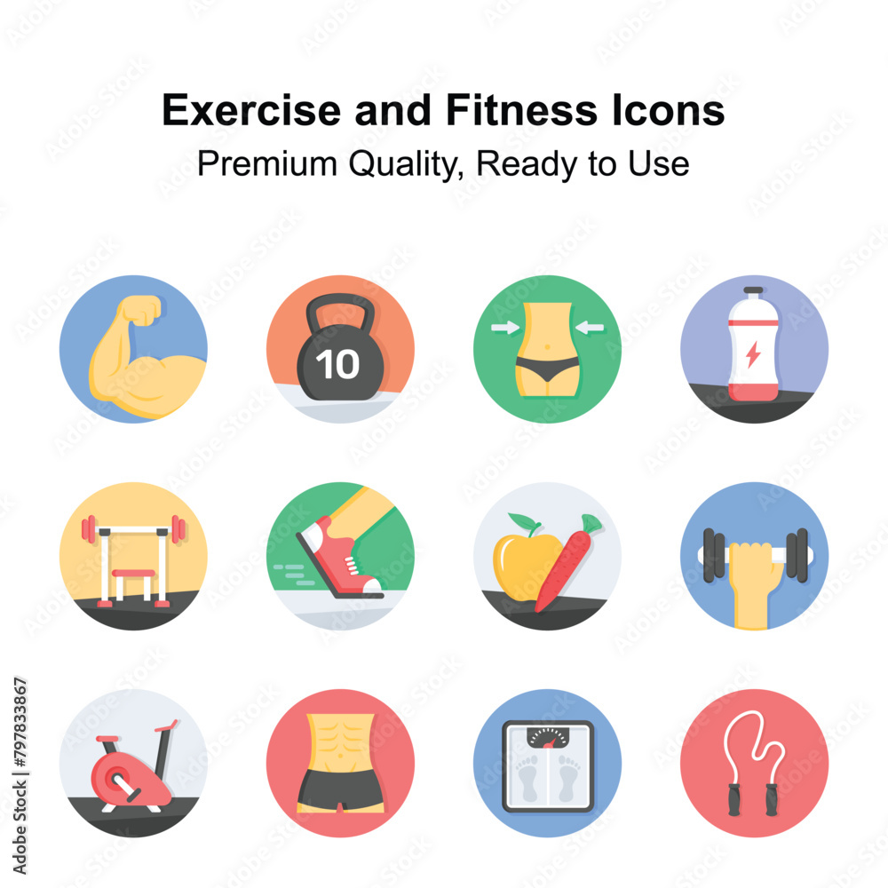 Get your hands on this beautifully designed exercise and fitness icons set