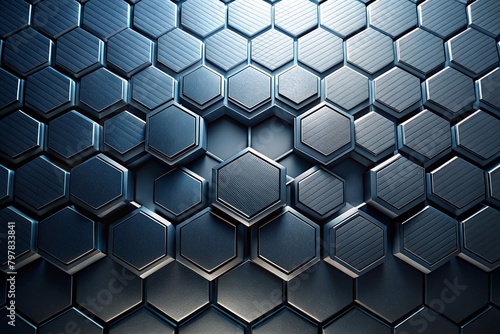 3d abstract metallic hexagon background with black and blue glowing light effects