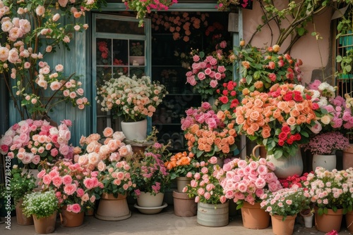 Bunches of roses and plants in pots displaying in front of a flower shop outdoors nature architecture. © Rawpixel.com