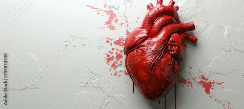 Human heart organ on white wall background. Cardiovascular science biology. Generative AI technology.	
 photo