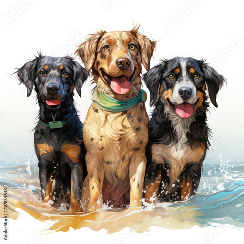 Watercolor Surfing Dogs Illustration, Generative Ai