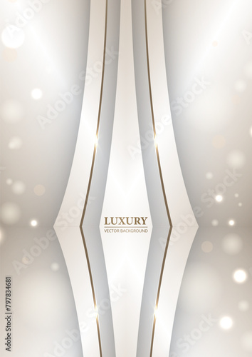 3D luxury abstract vertical background with bokeh effect and sparkles on golden curve lines. Elegant vector background template for award, cover, brochure, flyer, banner, poster, book, booklet.