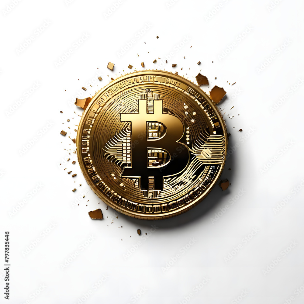 shiny golden Bitcoin coin that appears to be exploding or shattering into fragments against a white background shiny golden Bitcoin coin that appears to be exploding or shattering into fragments against a white background