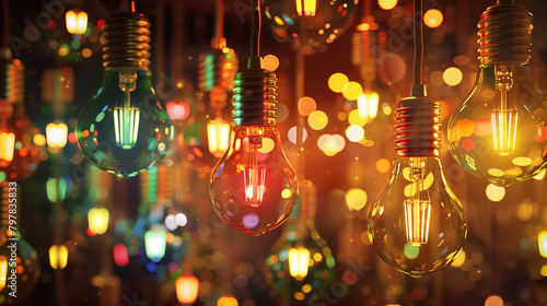 A close up of a light bulb with a blurry background. The light bulb is lit up and the background is blurry, giving the impression of a dreamy, ethereal atmosphere