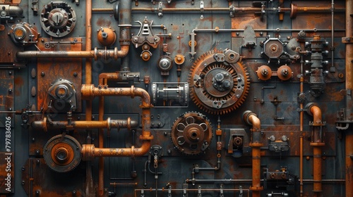 A pile of old gears and mechanical parts arranged on iron sheets