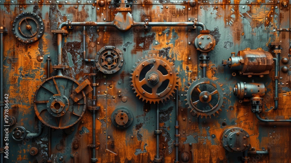 A pile of old gears and mechanical parts arranged on iron sheets A pile of old gears and mechanical parts arranged on iron sheets