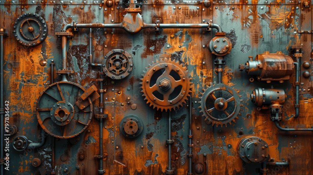 A pile of old gears and mechanical parts arranged on iron sheets