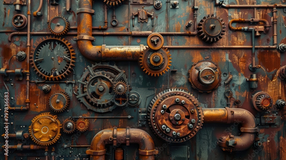 A pile of old gears and mechanical parts arranged on iron sheets A pile of old gears and mechanical parts arranged on iron sheets