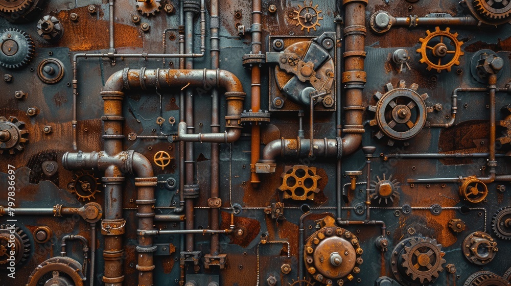 A pile of old gears and mechanical parts arranged on iron sheets A pile of old gears and mechanical parts arranged on iron sheets