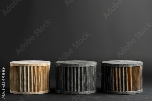 Luxury organic mockup with dark rock shape podium. Round rough stone pedestal. Empty base for product promotion