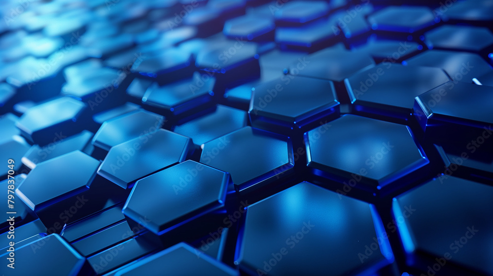 A blue background with a pattern of hexagons. The hexagons are all different sizes and are arranged in a way that creates a sense of depth and texture. Scene is one of modernity and sophistication A blue background with a pattern of hexagons. The hexagons are all different sizes and are arranged in a way that creates a sense of depth and texture. Scene is one of modernity and sophistication