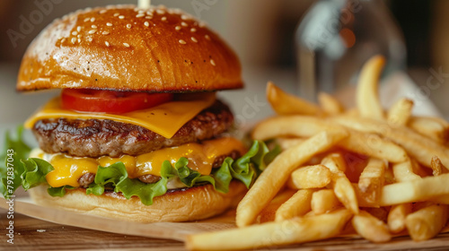 Golden and crispy french fries piled high next to a classic American cheeseburger, complete with all the fixings.