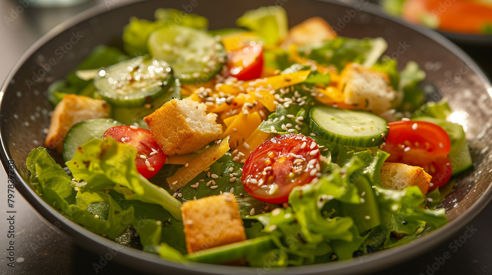 A salad with lettuce, tomatoes, cucumbers, cheese, and croutons, drizzled with dressing and sprinkled with sesame seeds.