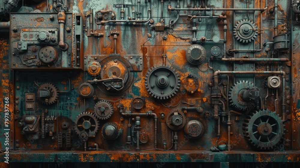 A pile of old gears and mechanical parts arranged on iron sheets A pile of old gears and mechanical parts arranged on iron sheets