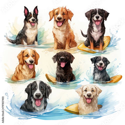 Watercolor Surfing Dogs Illustration, Generative Ai