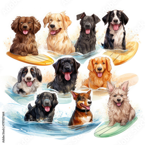 Watercolor Surfing Dogs Illustration, Generative Ai