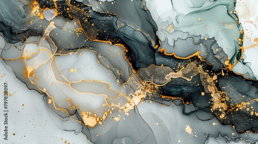 Abstract art in alcohol ink with gold, black, and gray colors. Looks like a marble stone cut with gold veins. Delicate and dreamy design.