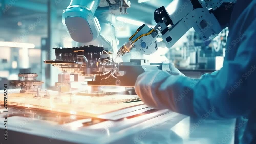 A high-tech manufacturing process captured in a semiconductor lab, showcasing precision robotics and cutting-edge technology. High-tech manufacturing with AI A high-tech manufacturing process captured in a semiconductor lab, showcasing precision robotics and cutting-edge technology. High-tech manufacturing with AI
