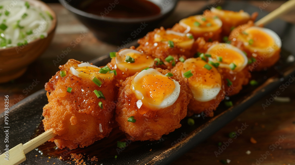 A stick of kwek-kwek with boiled quail eggs, coated with orange batter and fried, served with vinegar and sweet sauce, and sprinkled with chopped onions. A stick of kwek-kwek with boiled quail eggs, coated with orange batter and fried, served with vinegar and sweet sauce, and sprinkled with chopped onions.