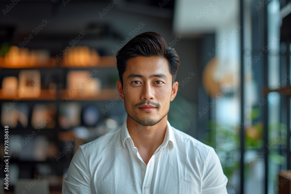 The stylish office backdrop complements the commanding presence of a middle-aged Asian businessman in his chic portrait, clad in a white shirt.
