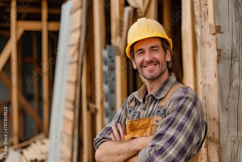 Smiling builder standing on construction site hardhat helmet adult.
