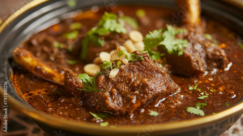 A traditional nihari, a rich and flavorful slow-cooked stew made with tender meat, spices, and bone marrow, garnished with fresh ginger and coriander leaves.